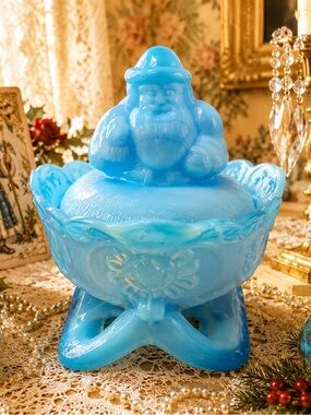 Westmoreland Blue Slag Glass Santa Sleigh Candy Dish Fairy Lamp